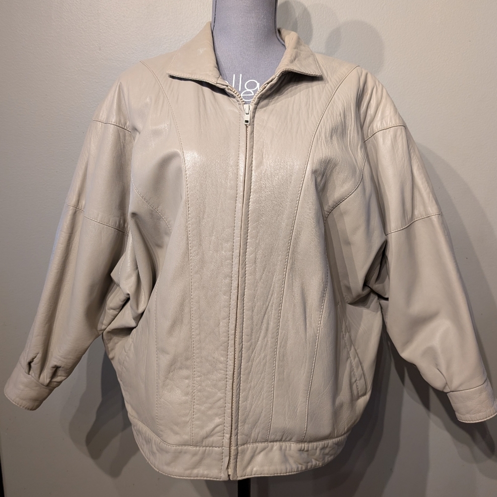 Vintage 80s 90s Remy Butter Leather USA Jacket Taupe Batwing Oversized Medium
